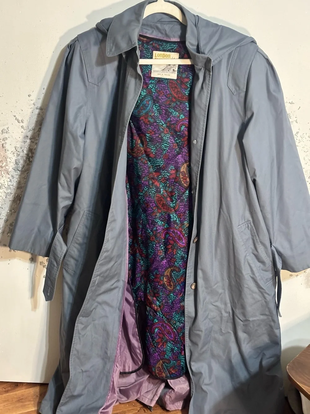 Vintage London Fog Gray Trench Coat w/ Vibrant Paisley Lining